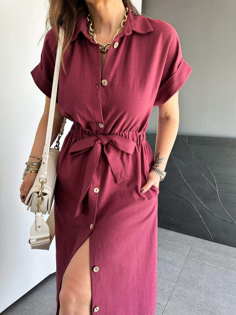 Bordo Düğmeli Beli Lastikli Keten Elbise