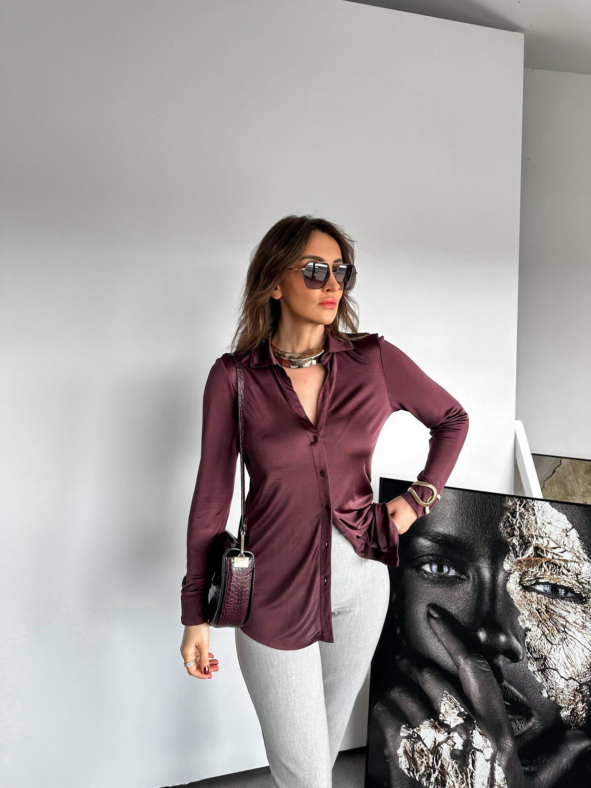 Bordo Düğmeli Jarse Bluz