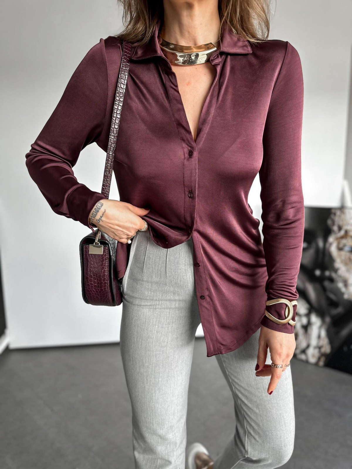 Bordo Düğmeli Jarse Bluz