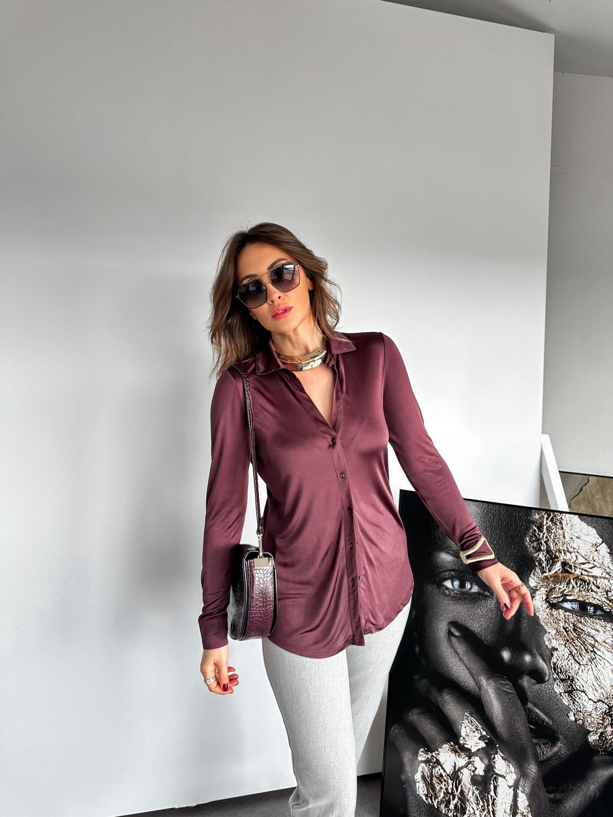 Bordo Düğmeli Jarse Bluz