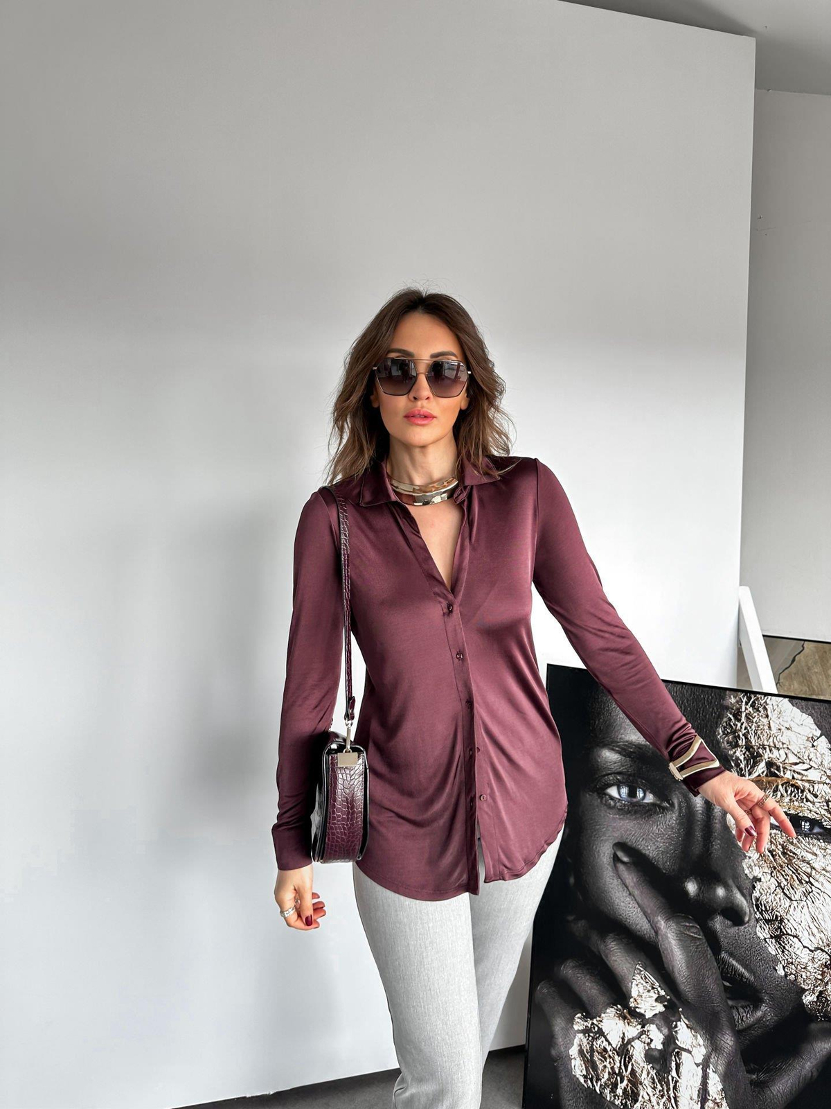 Bordo Düğmeli Jarse Bluz