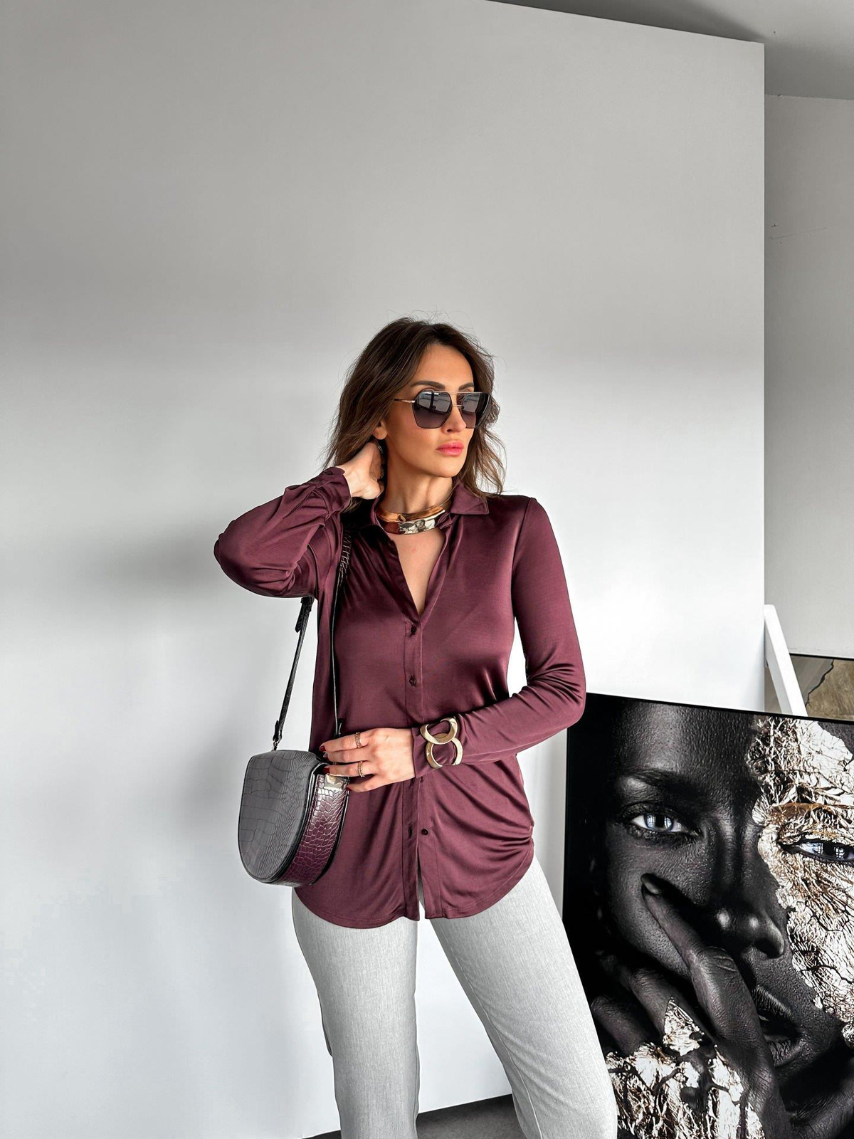 Bordo Düğmeli Jarse Bluz
