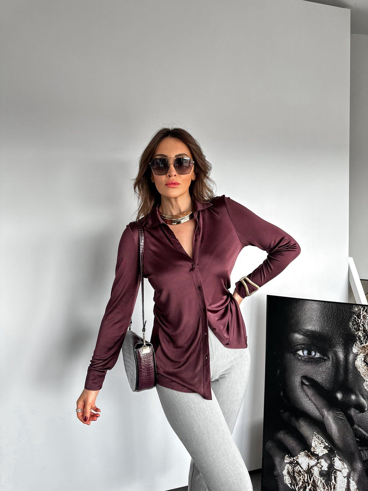 Bordo Düğmeli Jarse Bluz