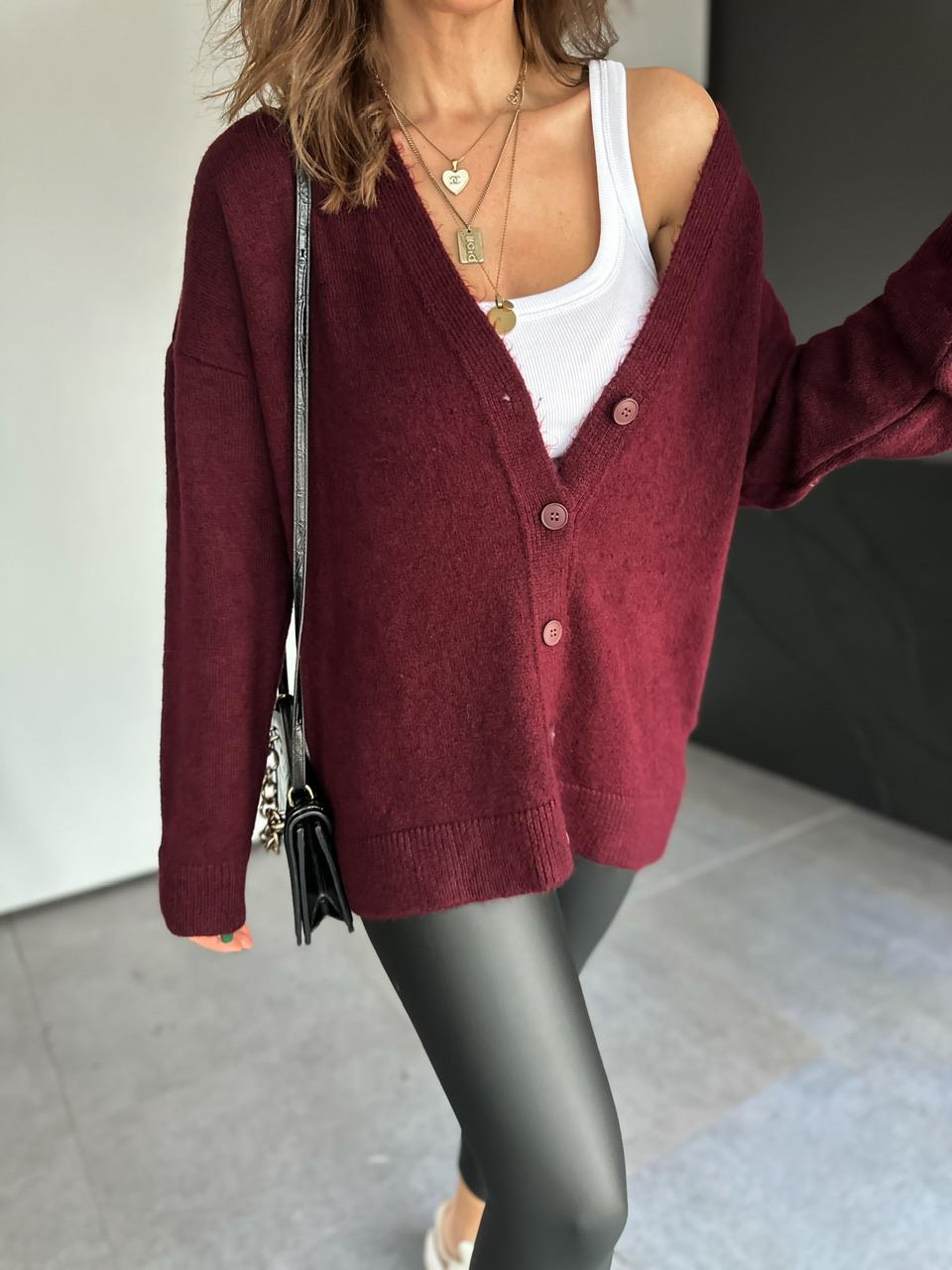 Bordo Düğmeli Salaş Basic Hırka