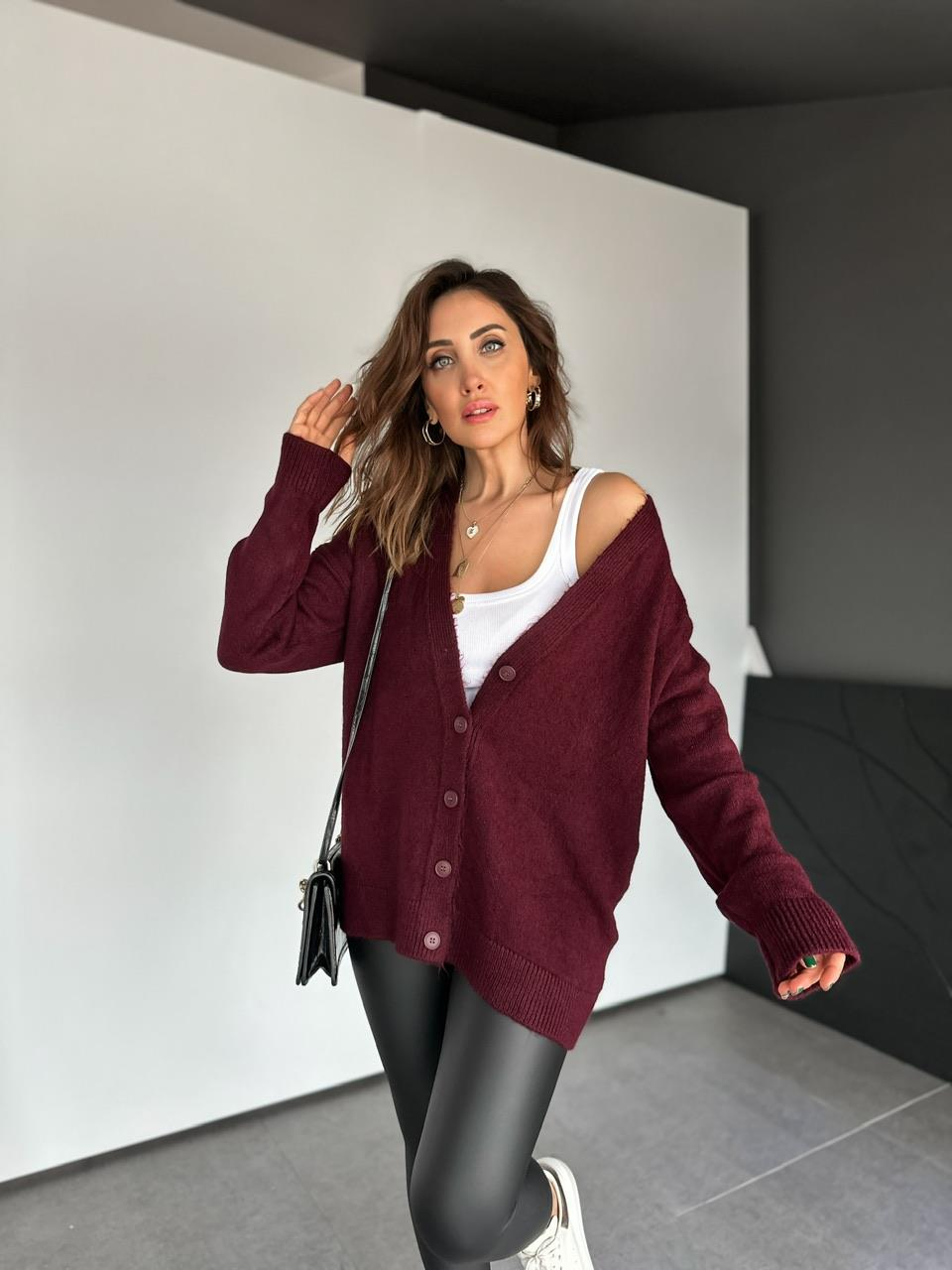 Bordo Düğmeli Salaş Basic Hırka