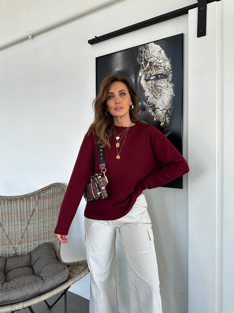 Bordo Düz Uzun Kollu Tshirt 