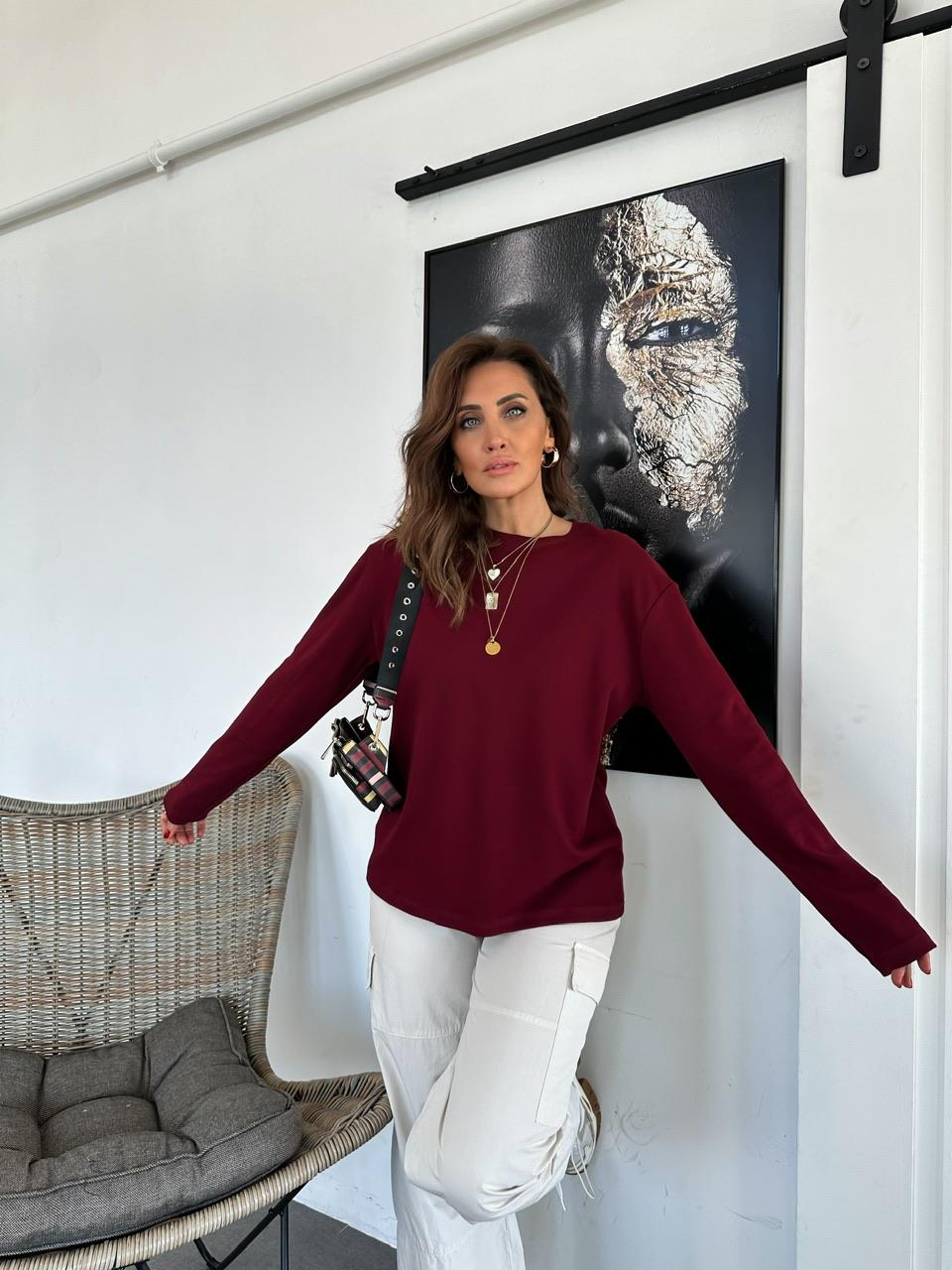 Bordo Düz Uzun Kollu Tshirt 