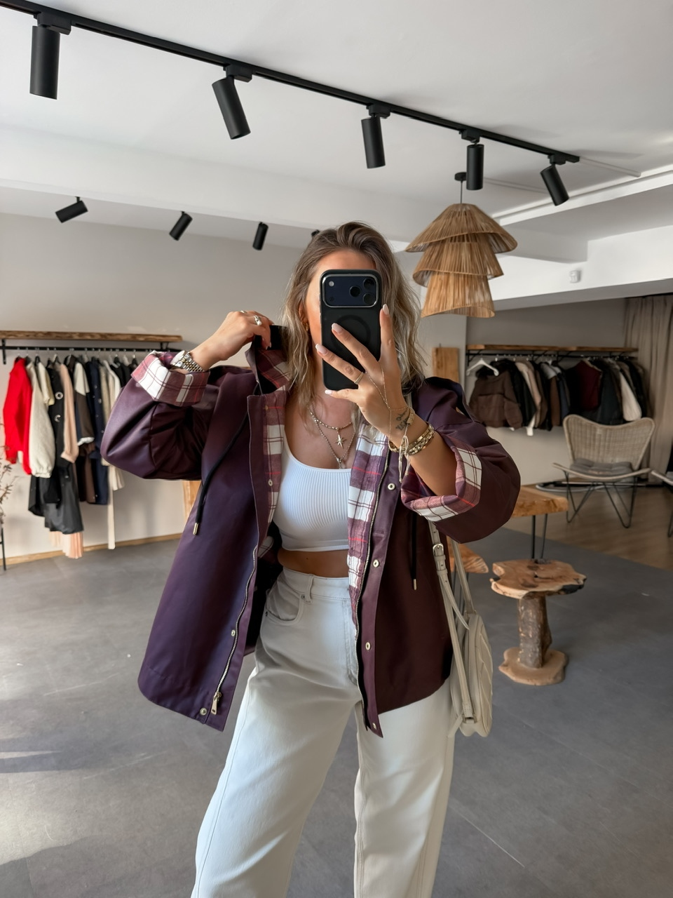 Bordo Ekose Astarlı Mumlu Mont