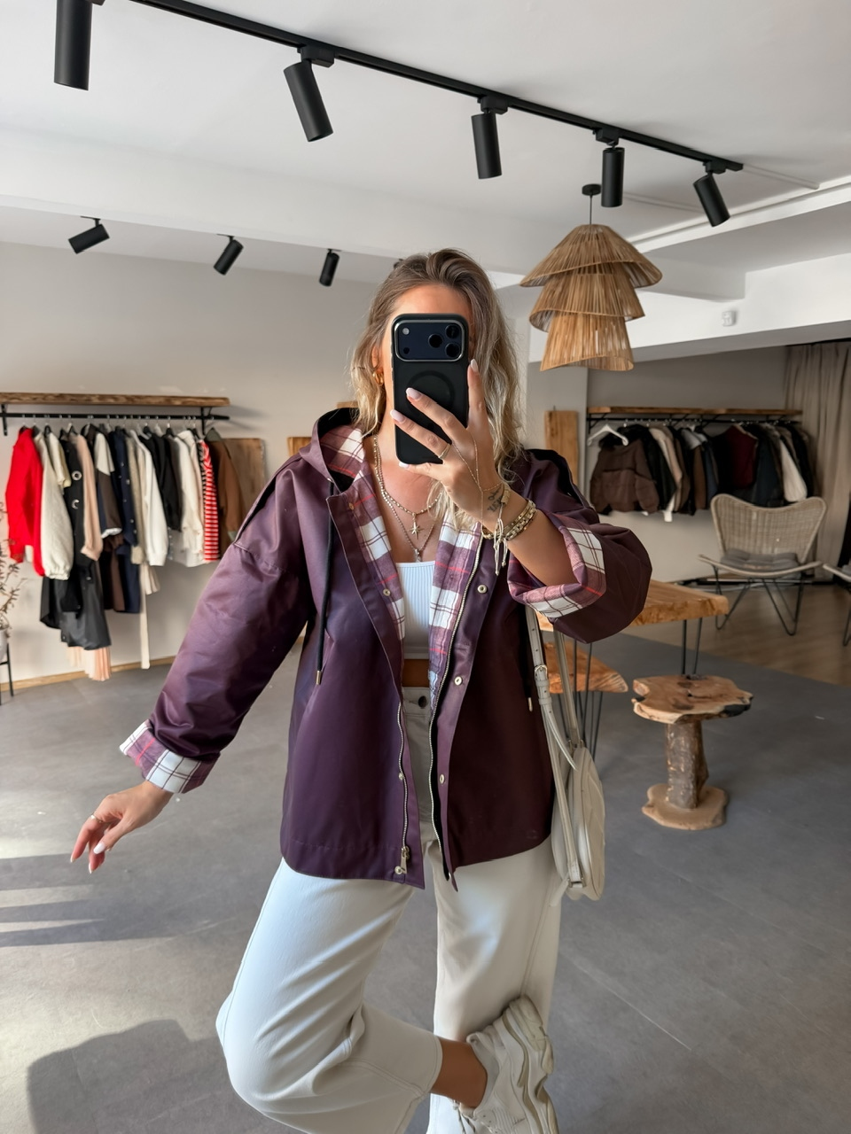 Bordo Ekose Astarlı Mumlu Mont