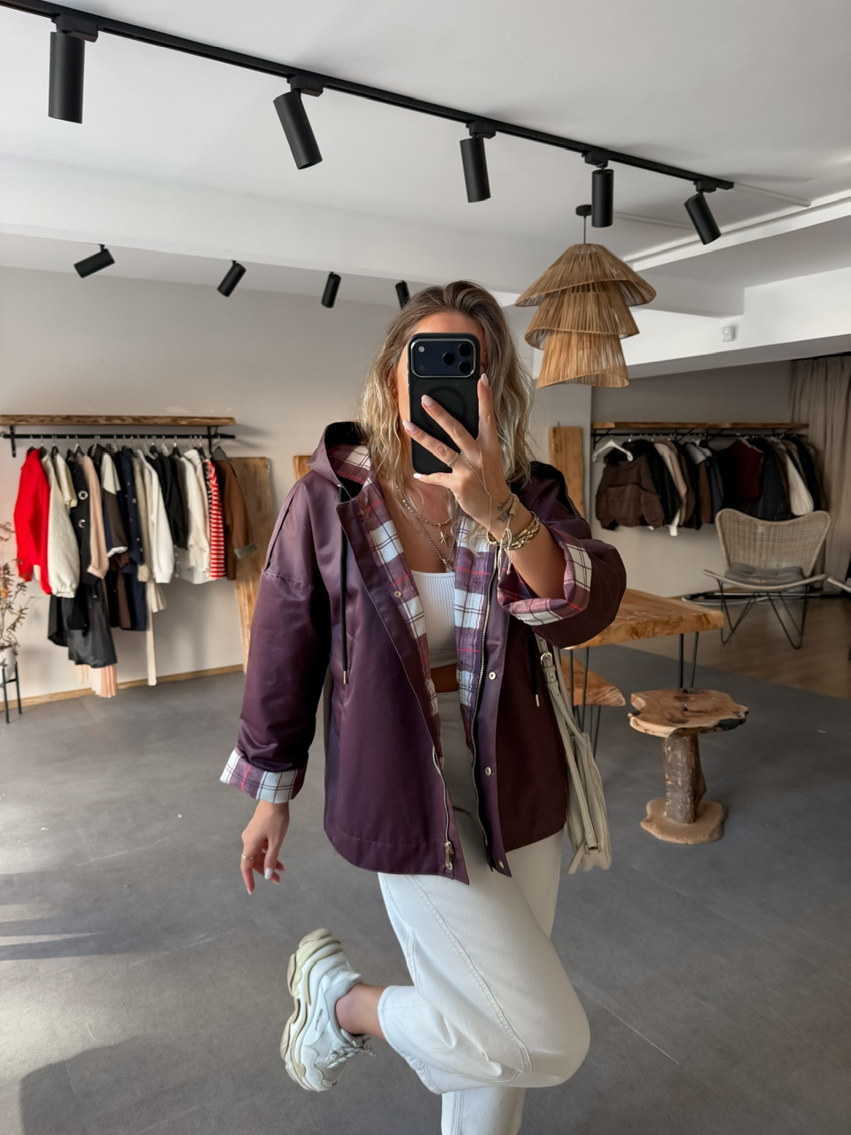 Bordo Ekose Astarlı Mumlu Mont