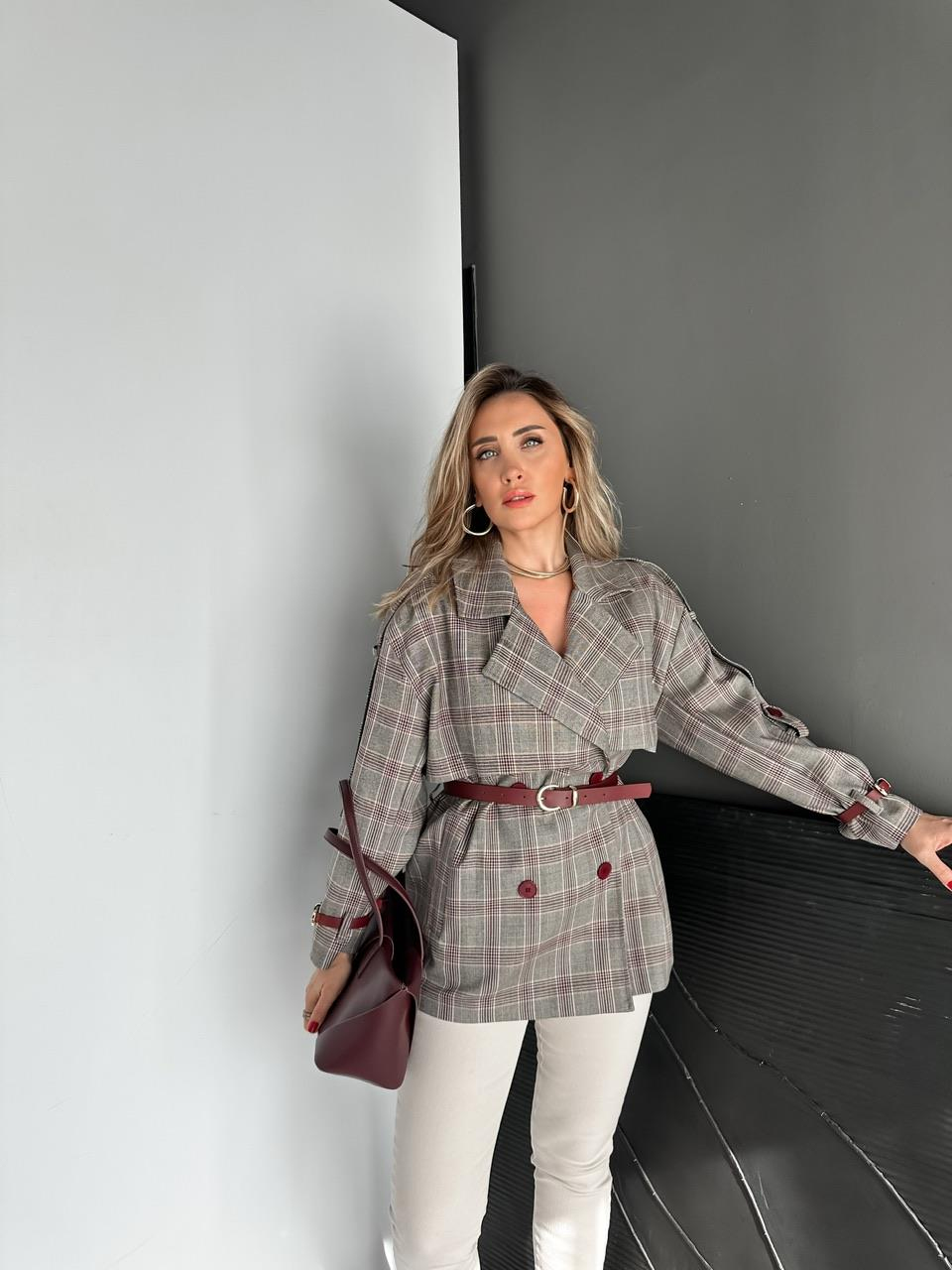 Bordo Ekose Deri Kemerli Ceket
