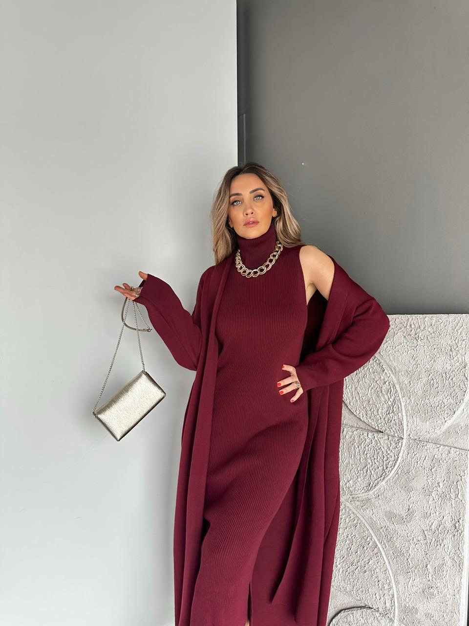 Bordo Elbise Hırka Triko Takım