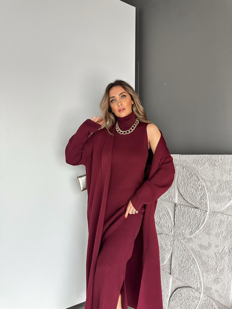 Bordo Elbise Hırka Triko Takım
