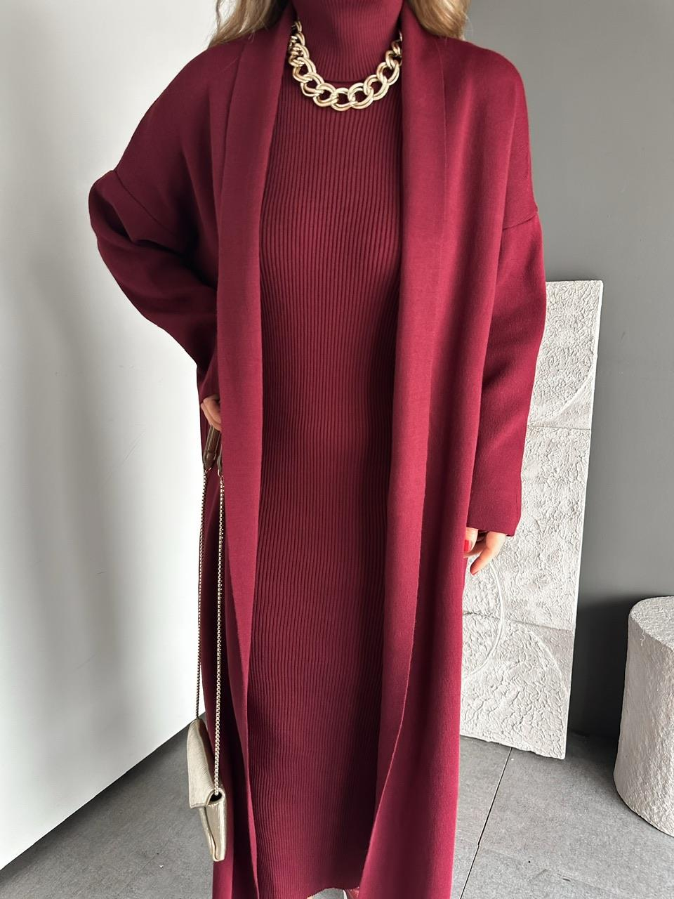 Bordo Elbise Hırka Triko Takım