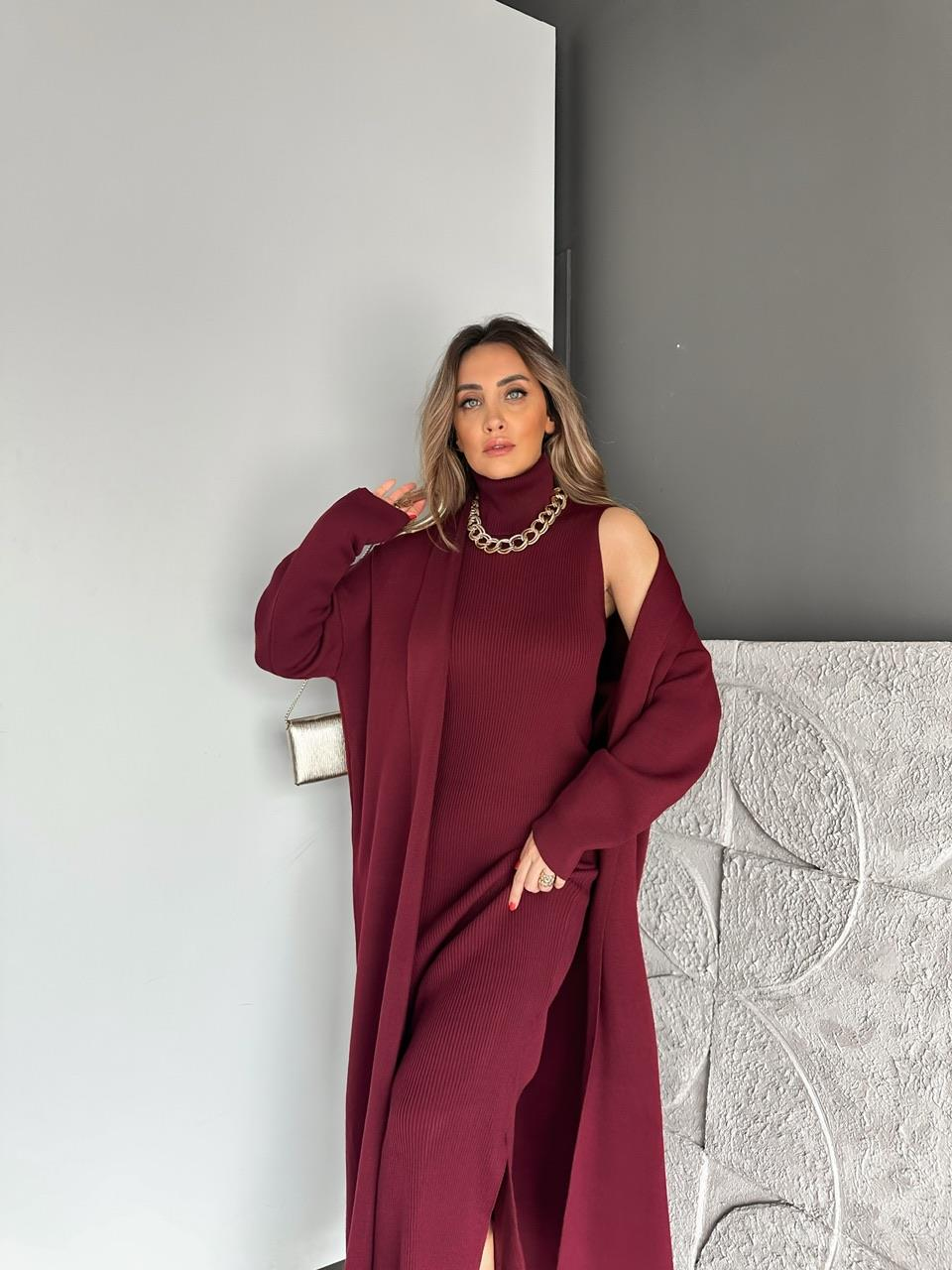 Bordo Elbise Hırka Triko Takım