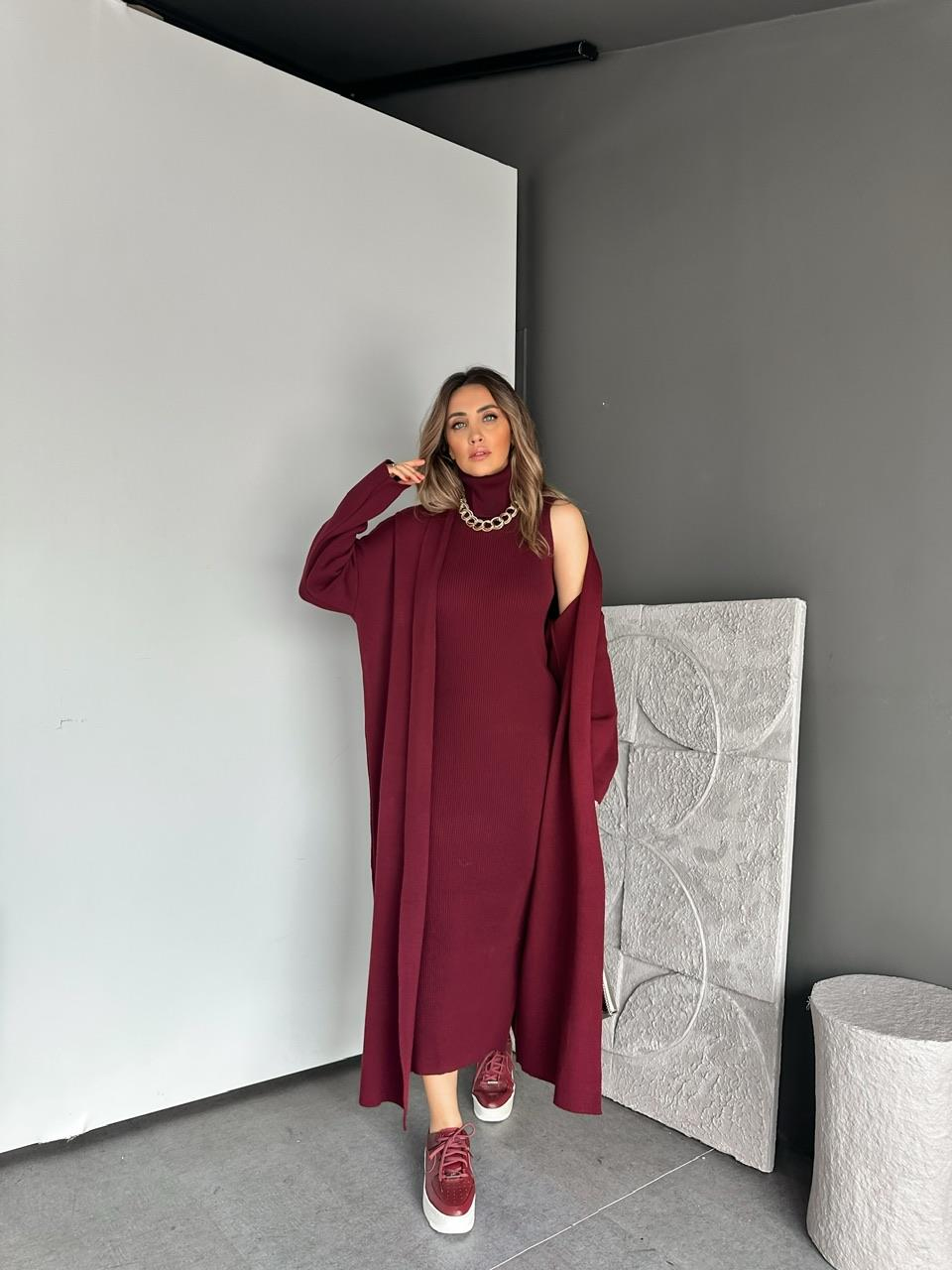 Bordo Elbise Hırka Triko Takım