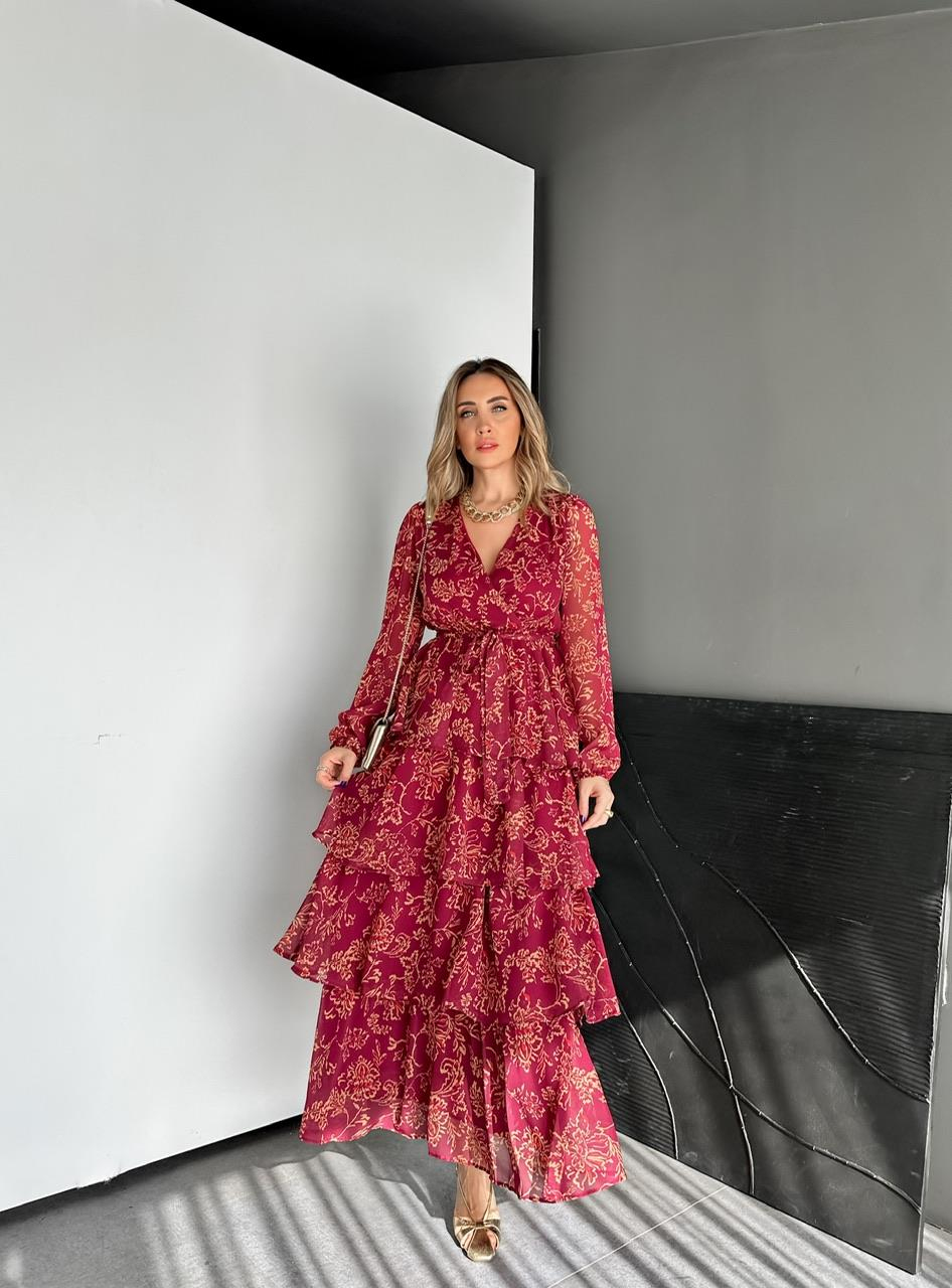Bordo Eteği Katlı Maxi Elbise
