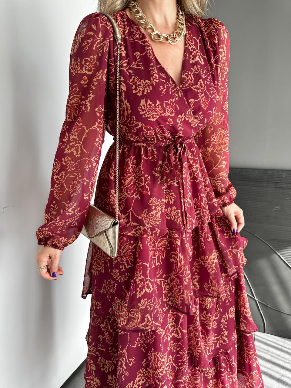 Bordo Eteği Katlı Maxi Elbise