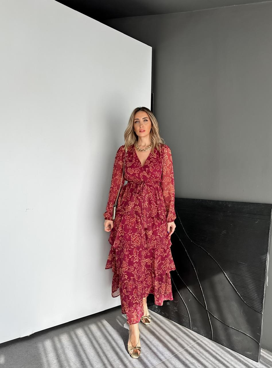 Bordo Eteği Katlı Maxi Elbise