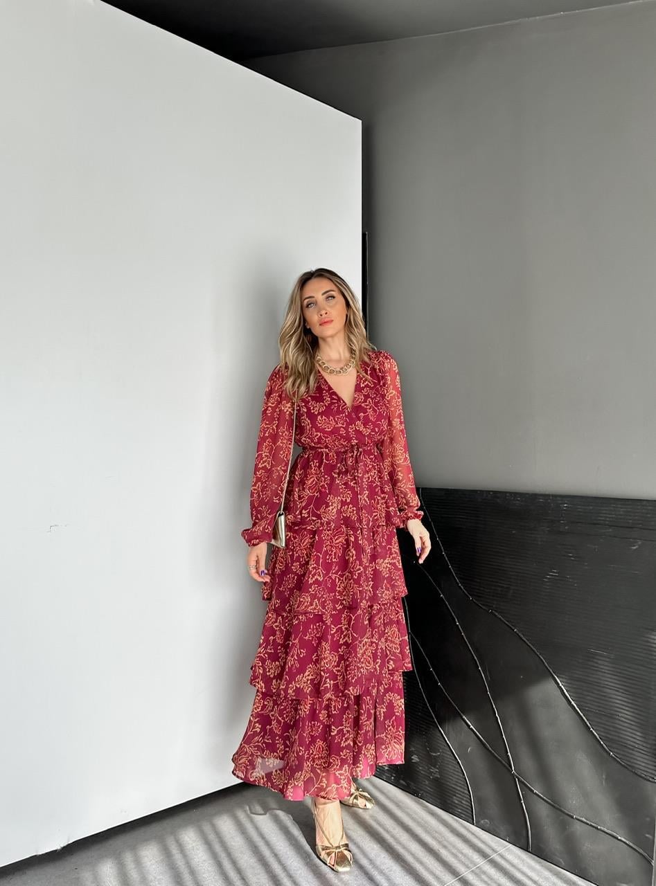 Bordo Eteği Katlı Maxi Elbise