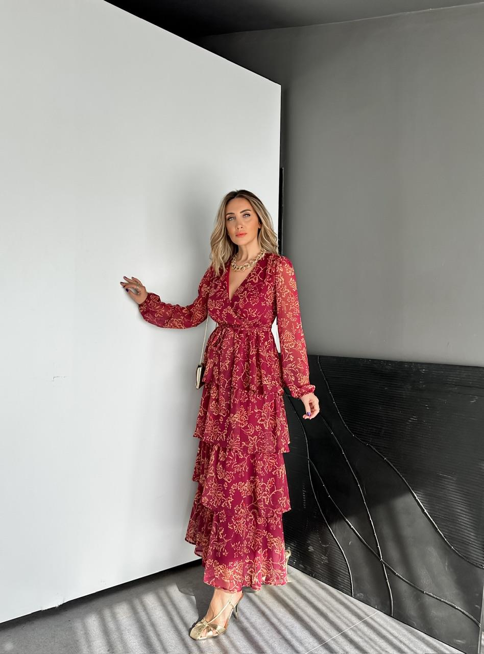 Bordo Eteği Katlı Maxi Elbise