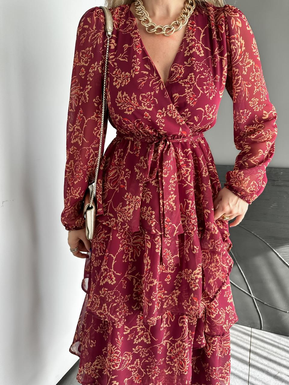 Bordo Eteği Katlı Maxi Elbise