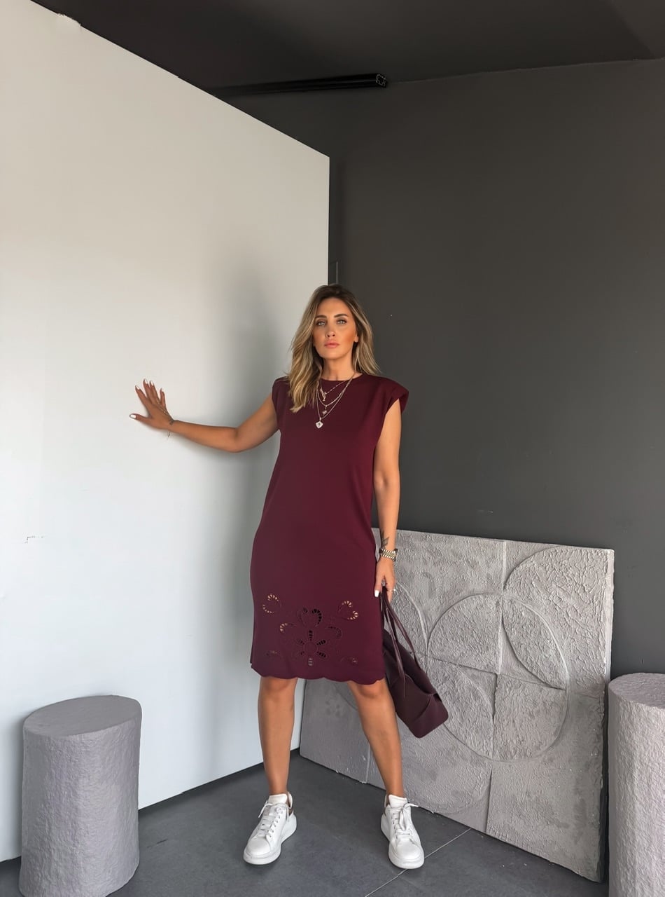 Bordo Etek Ucu Nakışlı Vatkalı Modal Elbise