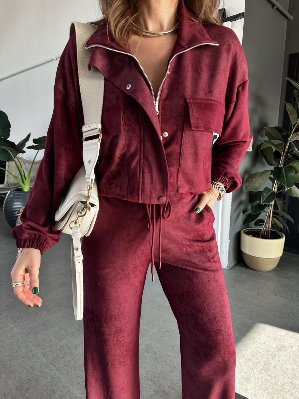 Bordo Fermuarlı Ceketli Batik Takım