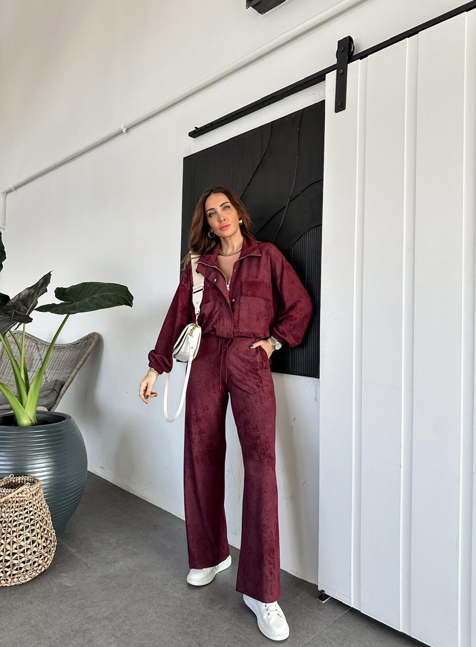 Bordo Fermuarlı Ceketli Batik Takım