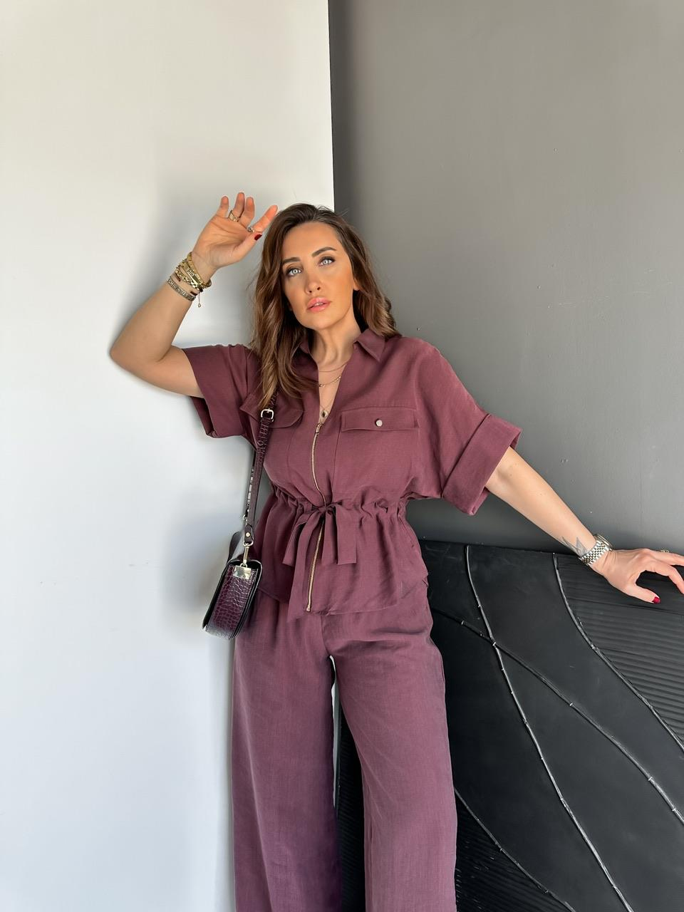 Bordo Fermuarlı Kuşaklı Premium Takım