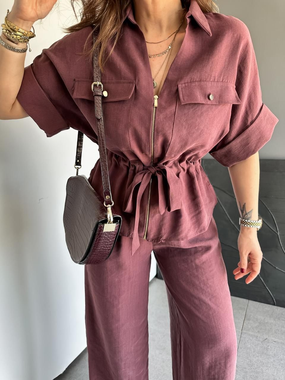 Bordo Fermuarlı Kuşaklı Premium Takım