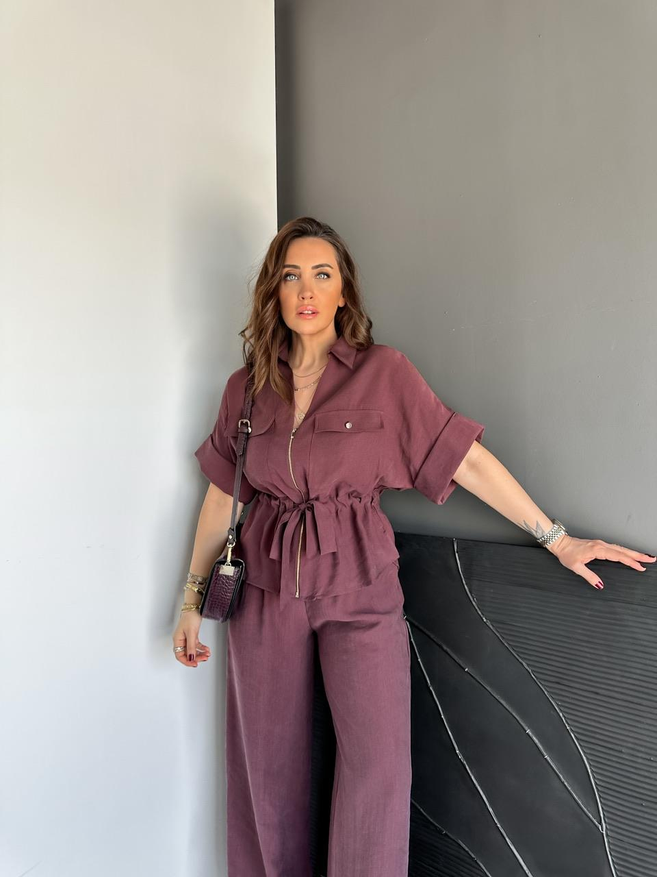 Bordo Fermuarlı Kuşaklı Premium Takım