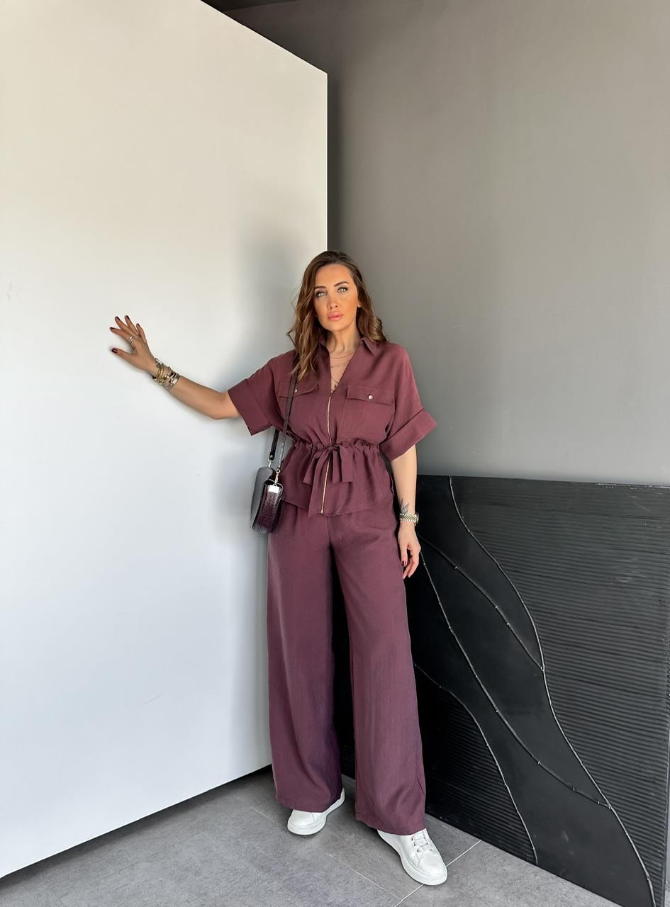 Bordo Fermuarlı Kuşaklı Premium Takım