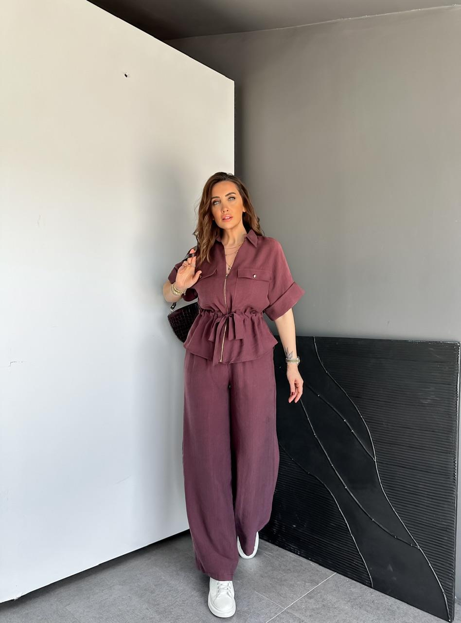 Bordo Fermuarlı Kuşaklı Premium Takım