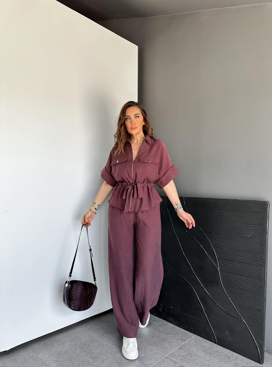Bordo Fermuarlı Kuşaklı Premium Takım