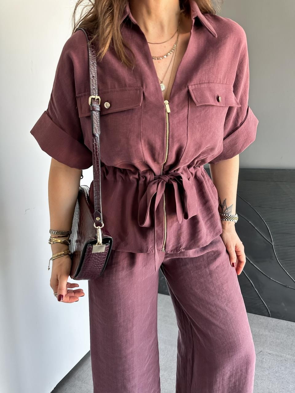 Bordo Fermuarlı Kuşaklı Premium Takım
