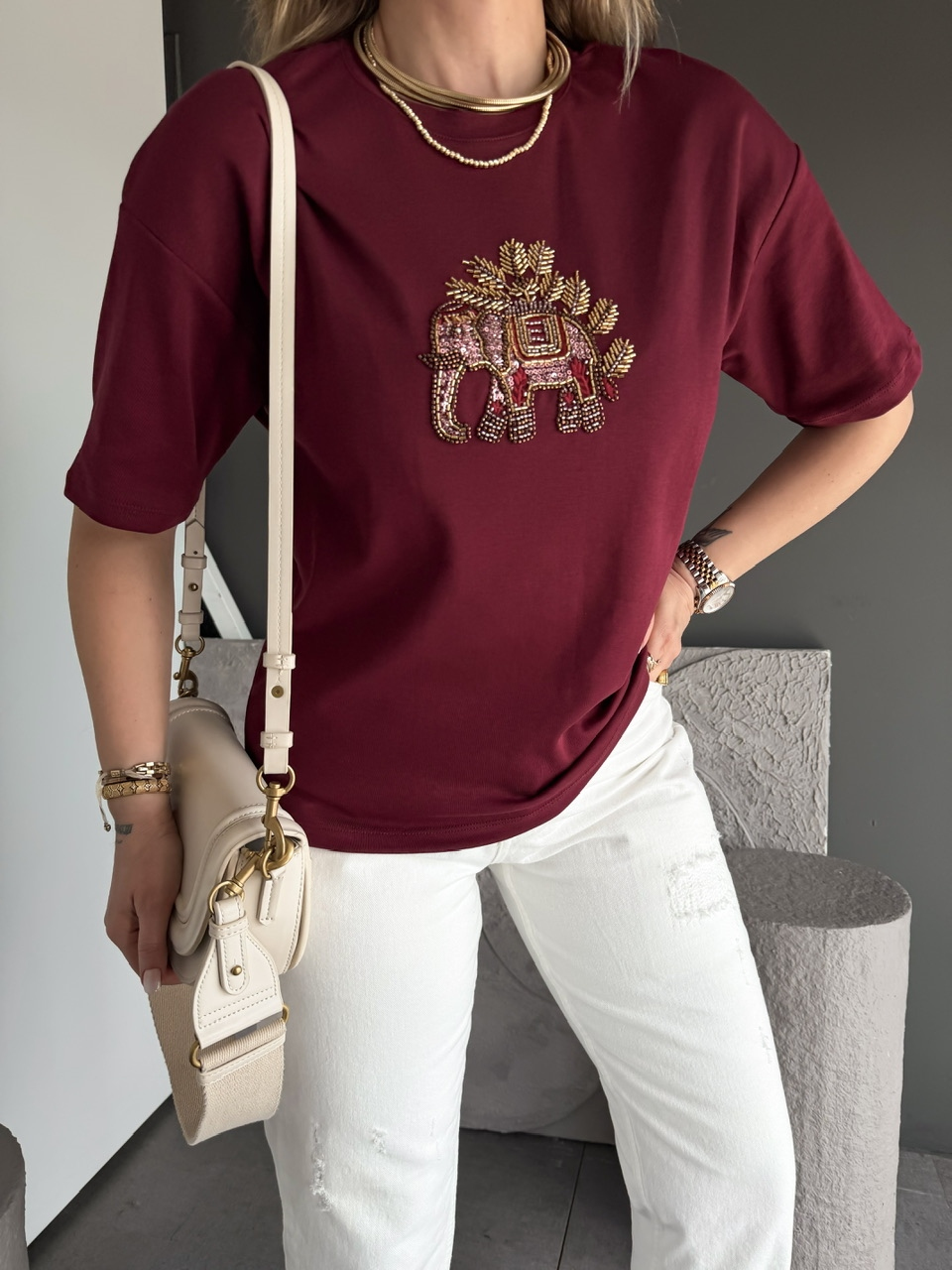 Bordo Fil Nakışlı Cotton Tshirt
