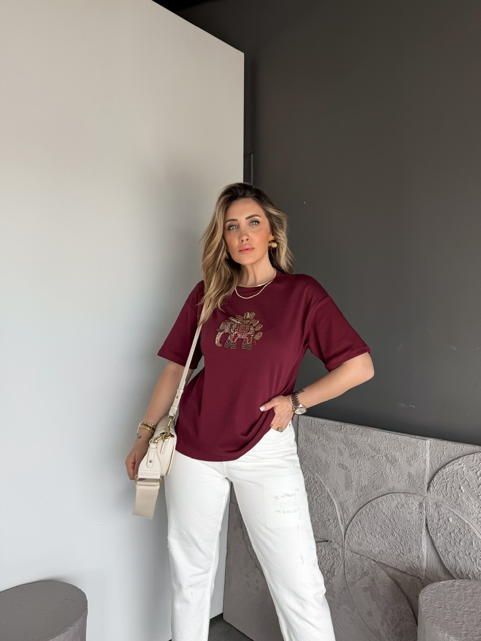 Bordo Fil Nakışlı Cotton Tshirt