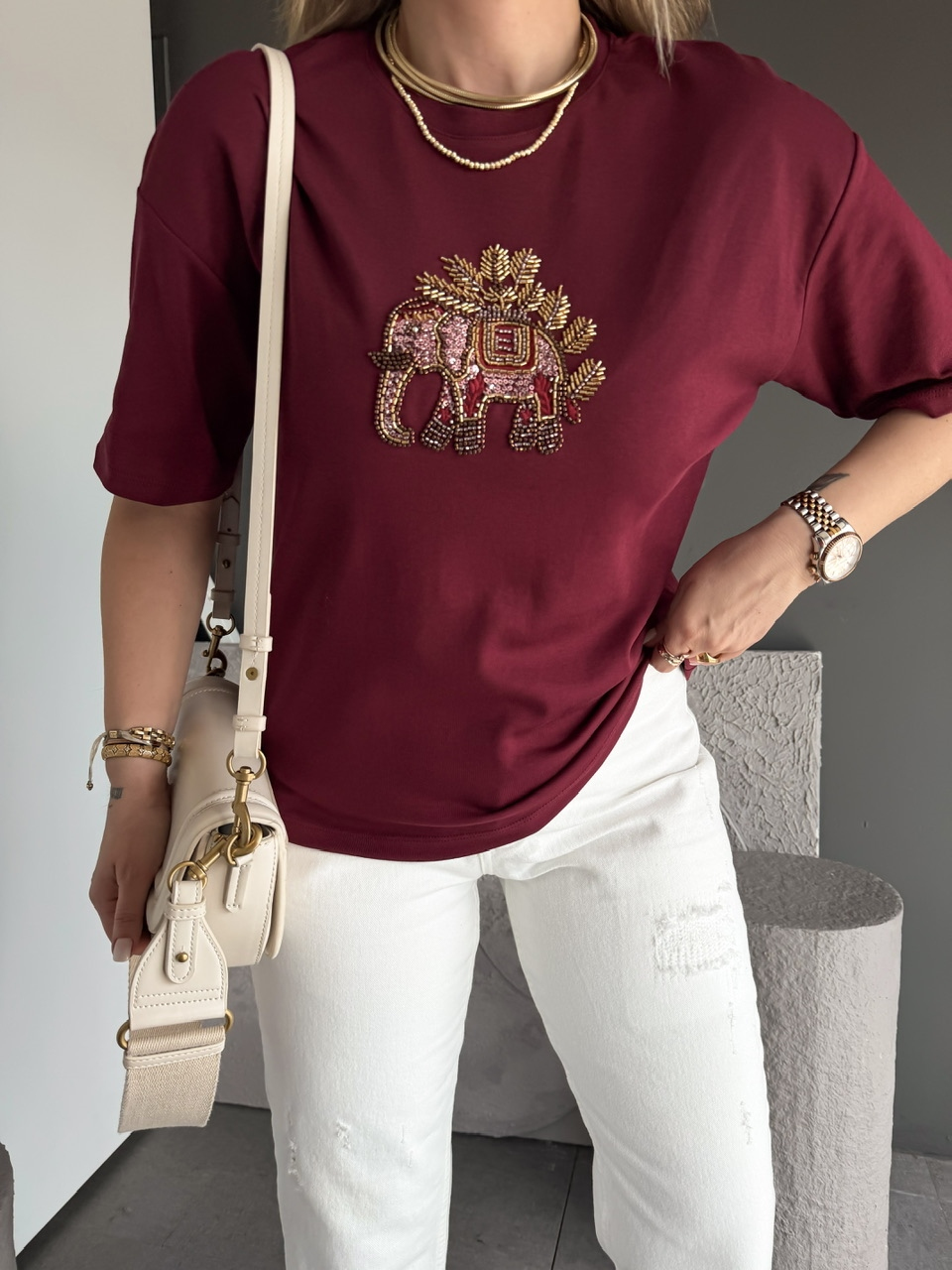 Bordo Fil Nakışlı Cotton Tshirt
