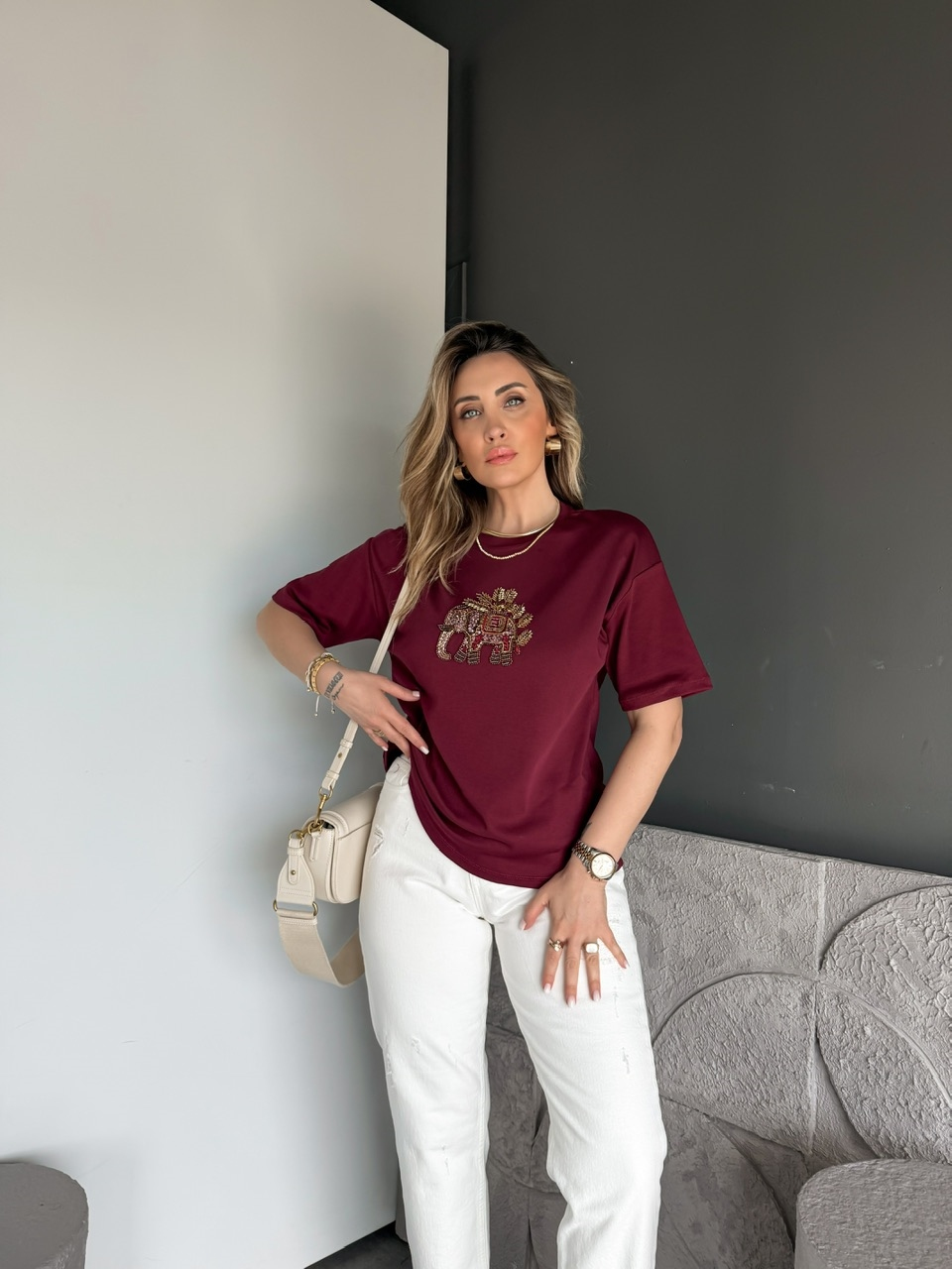 Bordo Fil Nakışlı Cotton Tshirt