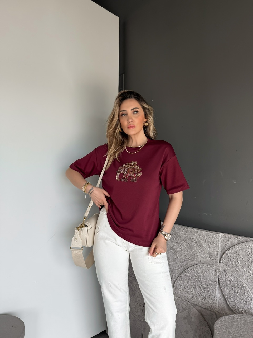 Bordo Fil Nakışlı Cotton Tshirt