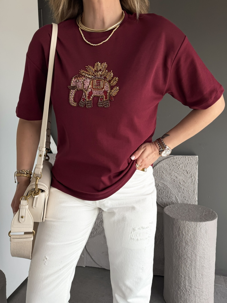 Bordo Fil Nakışlı Cotton Tshirt