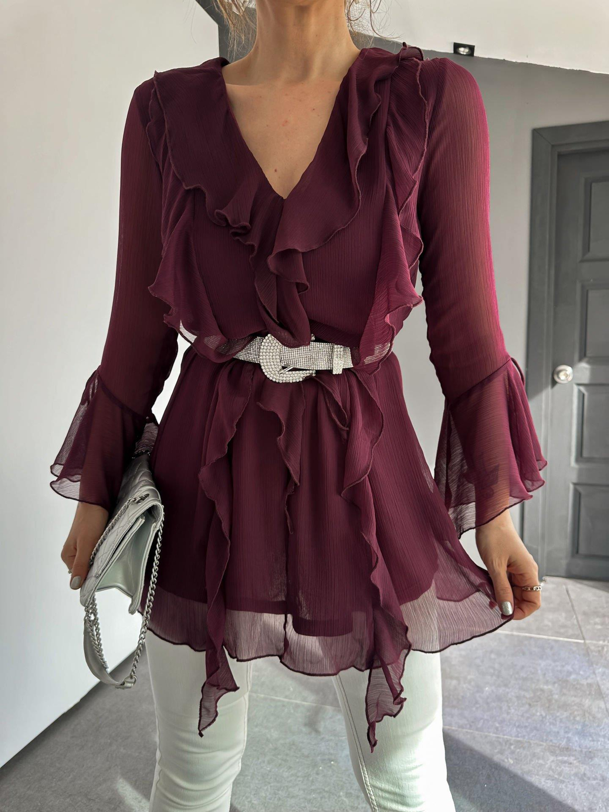 Bordo Fırfırlı Şifon Bluz