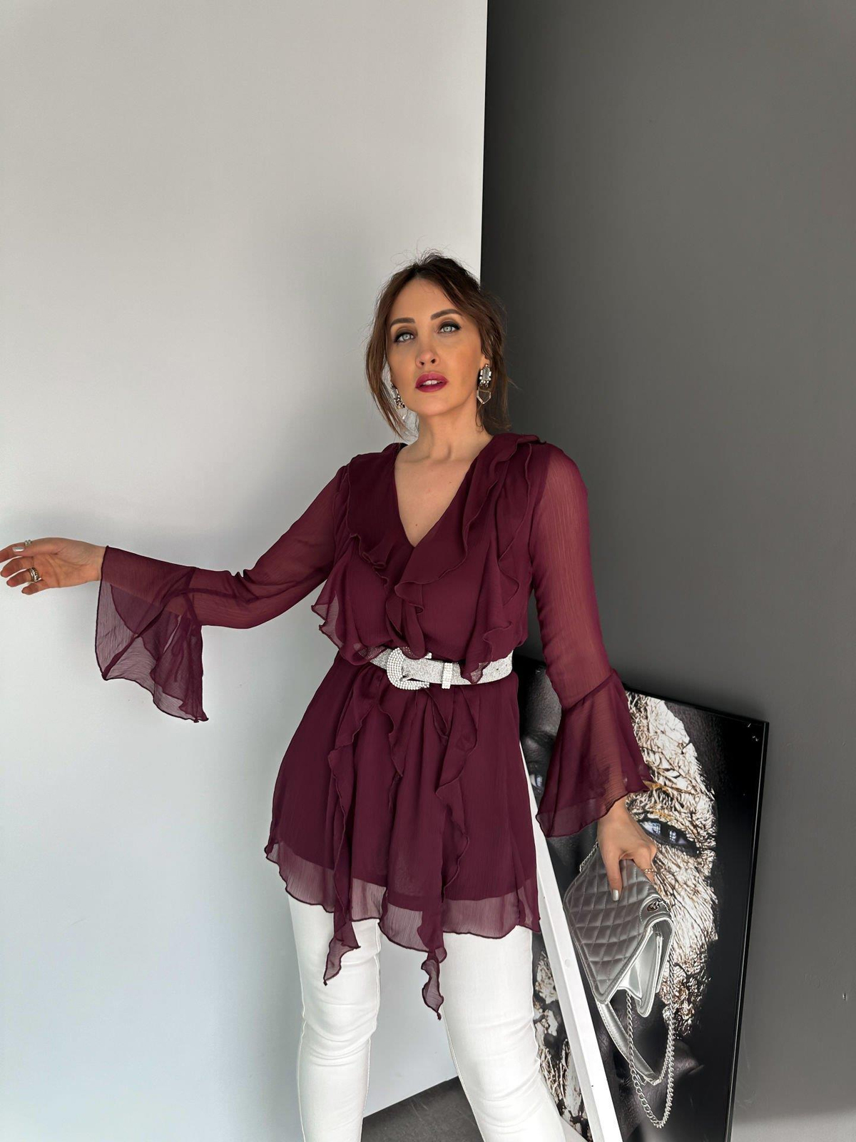 Bordo Fırfırlı Şifon Bluz