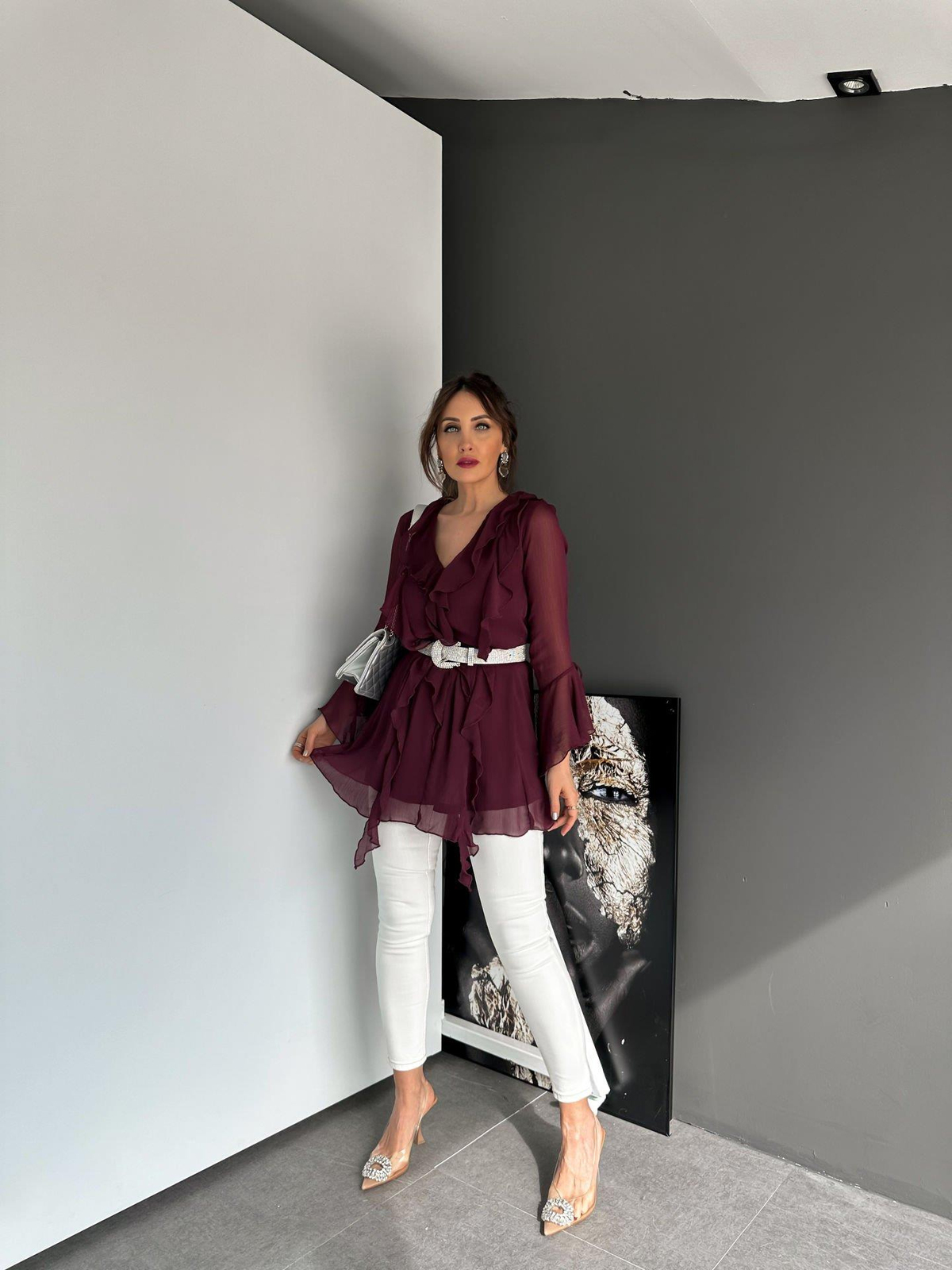 Bordo Fırfırlı Şifon Bluz