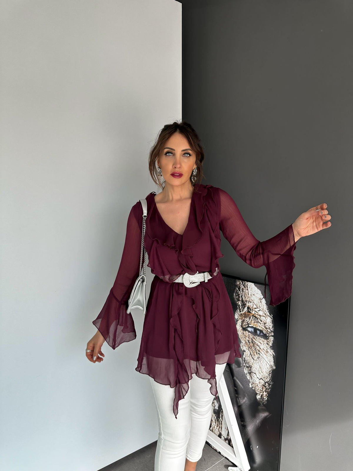 Bordo Fırfırlı Şifon Bluz