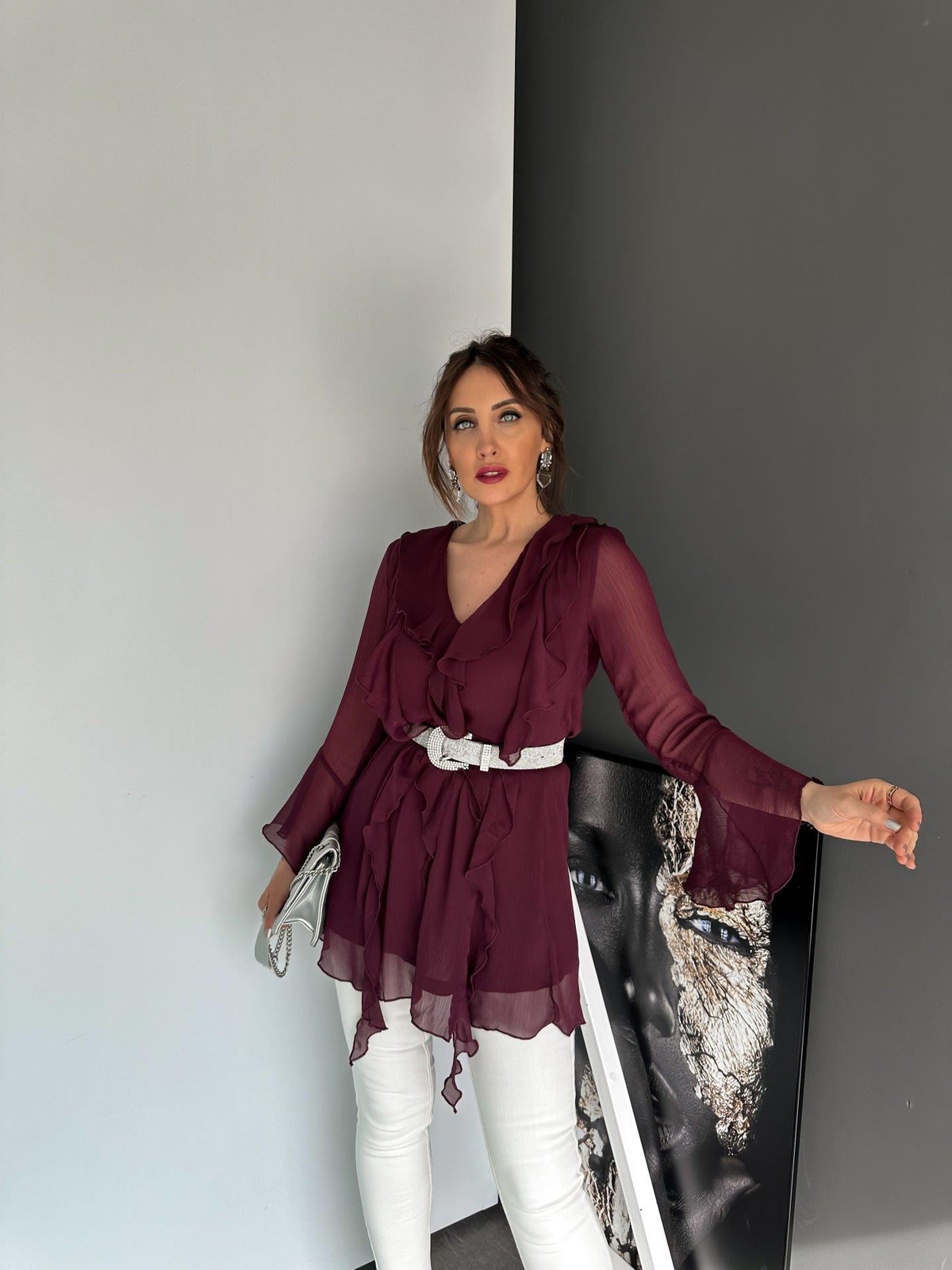 Bordo Fırfırlı Şifon Bluz