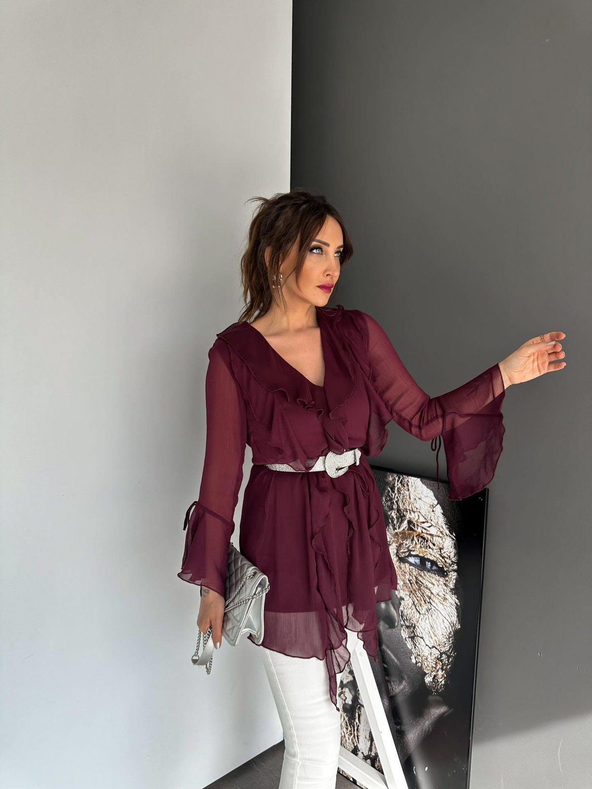 Bordo Fırfırlı Şifon Bluz