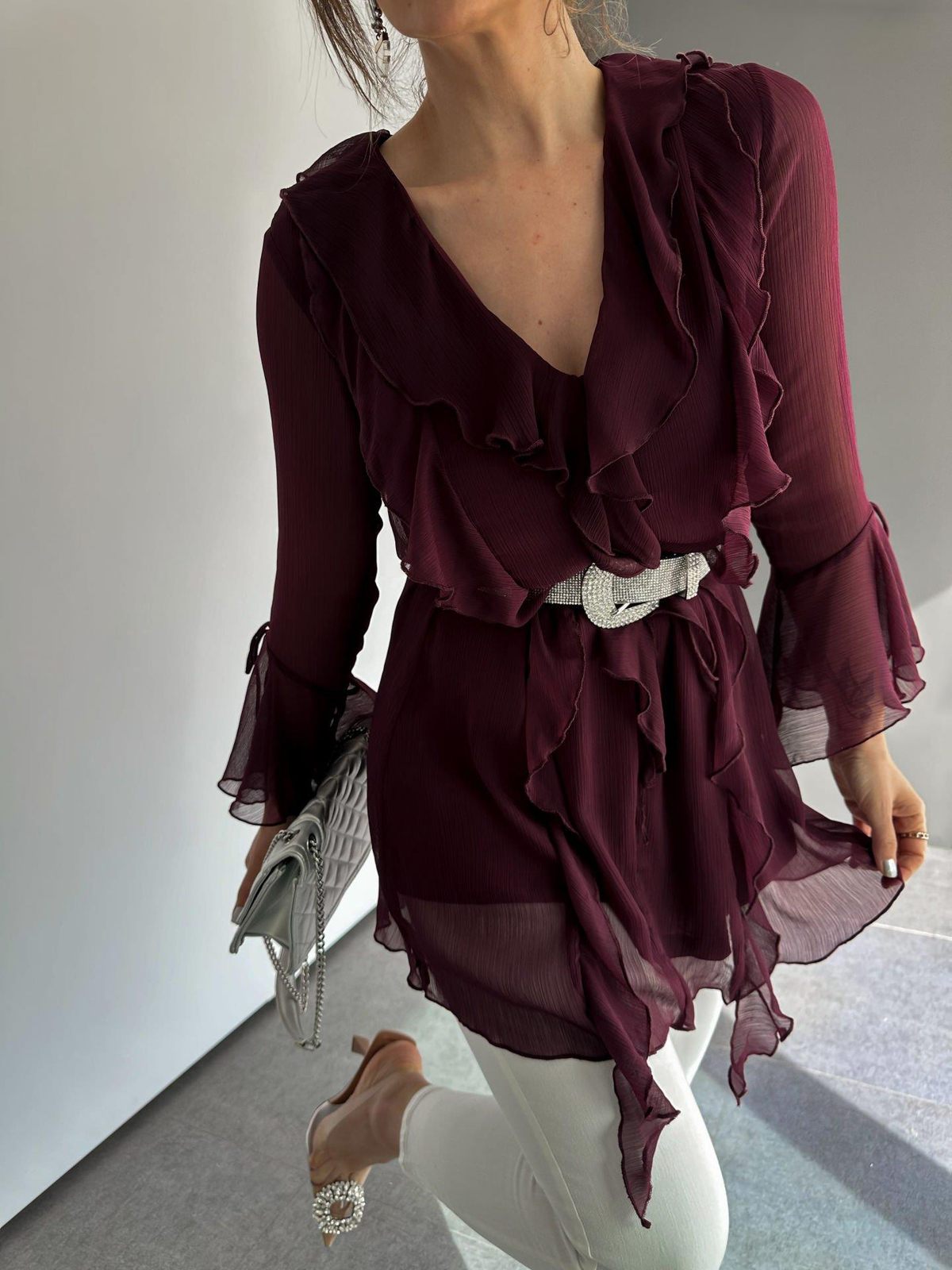 Bordo Fırfırlı Şifon Bluz