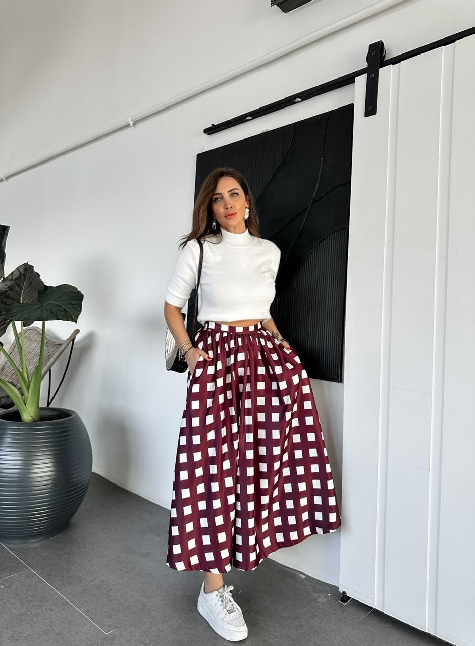Bordo Geometrik Desenli Cepli Etek